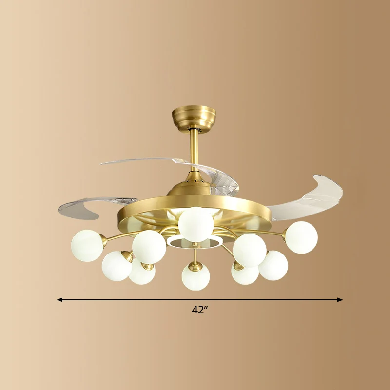 Lampe de ventilateur suspendue à molécules de verre ivoire, éclairage semi-monté en laiton de style postmoderne avec téléc...