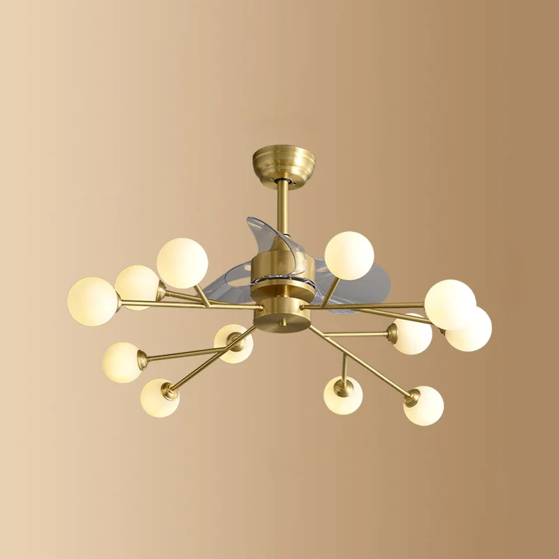 Lampe de ventilateur suspendue à molécules de verre ivoire, éclairage semi-monté en laiton de style postmoderne avec téléc...