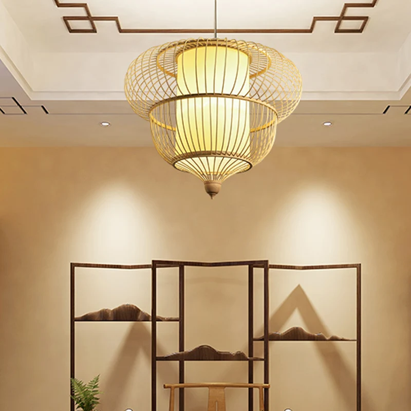 Lanterne suspendue Beige pour Restaurant, lampe suspendue à tête unique en bambou asiatique, diamètre 16 "/ 19.5" Clearhalo