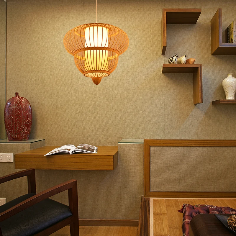 Lanterne suspendue Beige pour Restaurant, lampe suspendue à tête unique en bambou asiatique, diamètre 16 "/ 19.5" Clearhalo