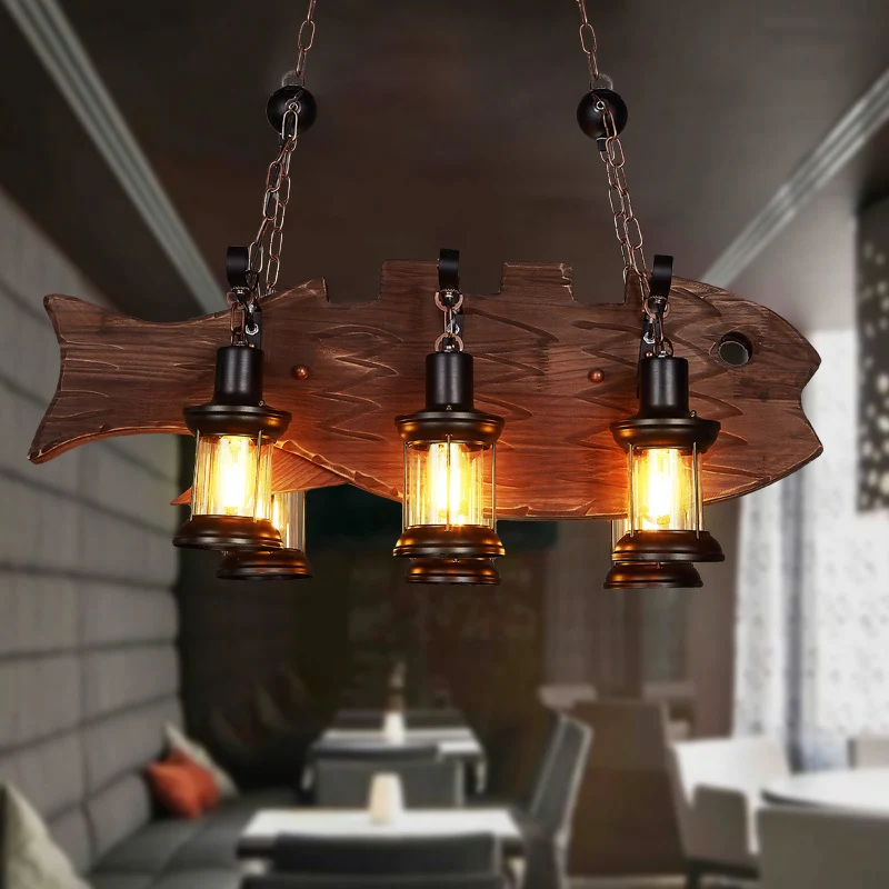 Lanterne en verre transparent, pendentif île, pays, 6 ampoules, pour salle à manger, décoration de poisson en bois Clearhalo