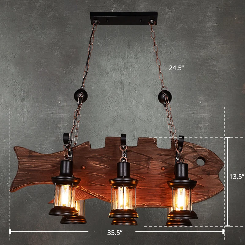 Lanterne en verre transparent, pendentif île, pays, 6 ampoules, pour salle à manger, décoration de poisson en bois Clearhalo
