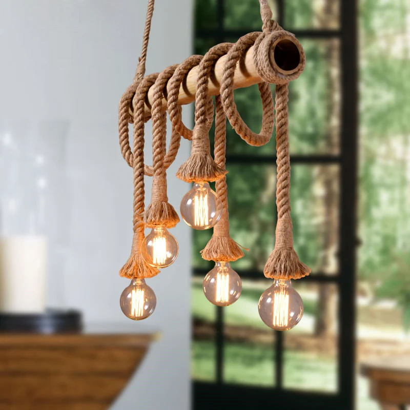 Luminaire d'éclairage de lustre en bambou de lumière d'île linéaire de style industriel en beige Clearhalo