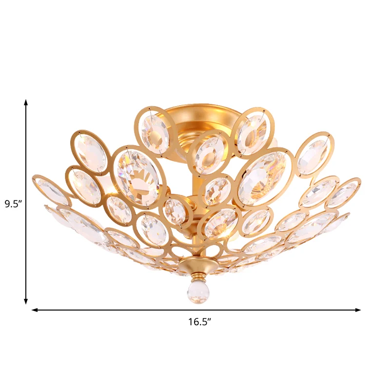 Luminaire encastré de chambre à coucher à 3 lumières avec dôme en métal et abat-jour en cristal plafonnier doré moderne Cl...