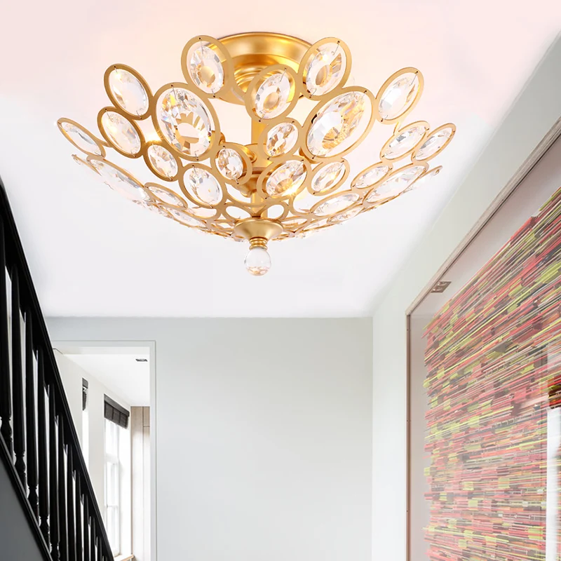 Luminaire encastré de chambre à coucher à 3 lumières avec dôme en métal et abat-jour en cristal plafonnier doré moderne Cl...