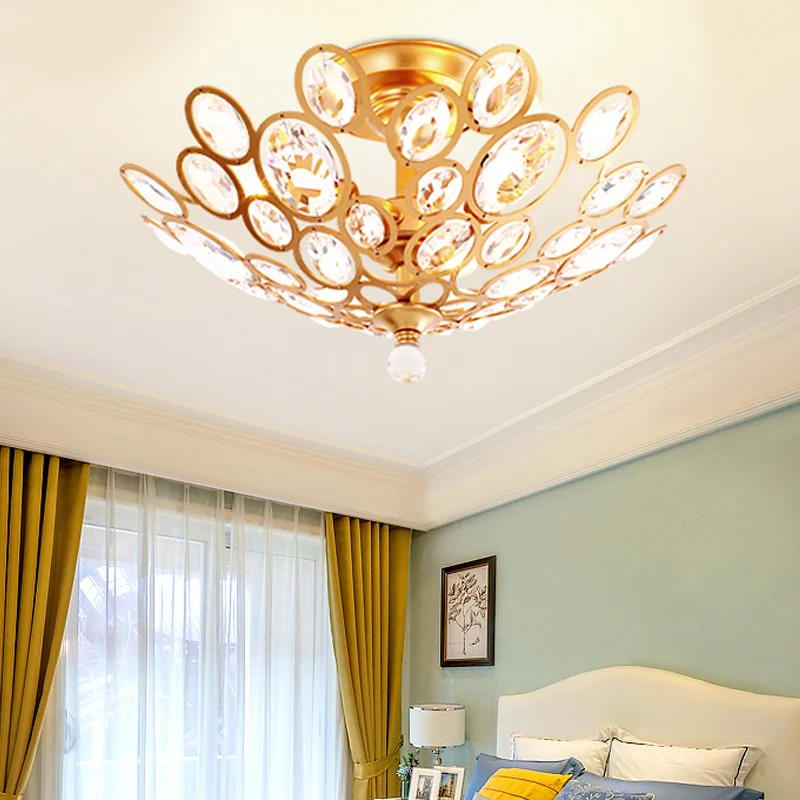 Luminaire encastré de chambre à coucher à 3 lumières avec dôme en métal et abat-jour en cristal plafonnier doré moderne Cl...