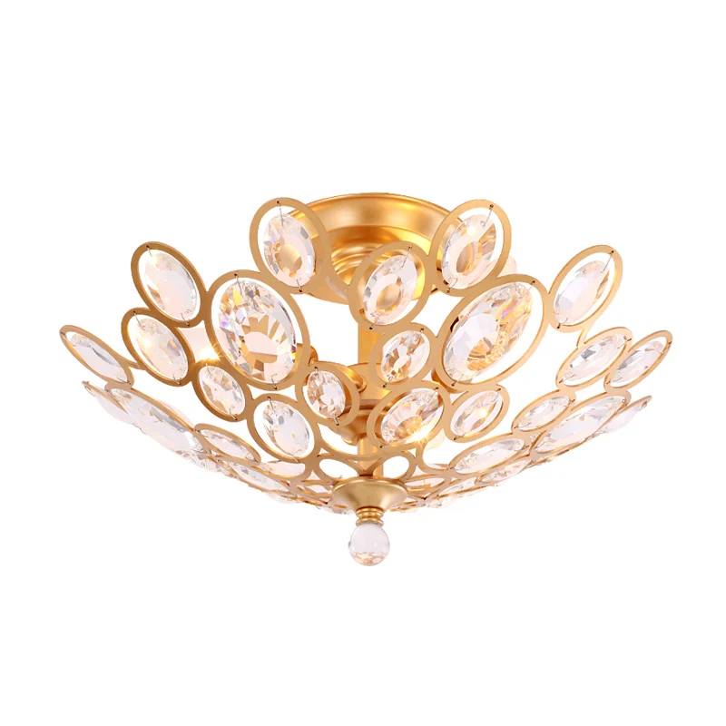 Luminaire encastré de chambre à coucher à 3 lumières avec dôme en métal et abat-jour en cristal plafonnier doré moderne Cl...