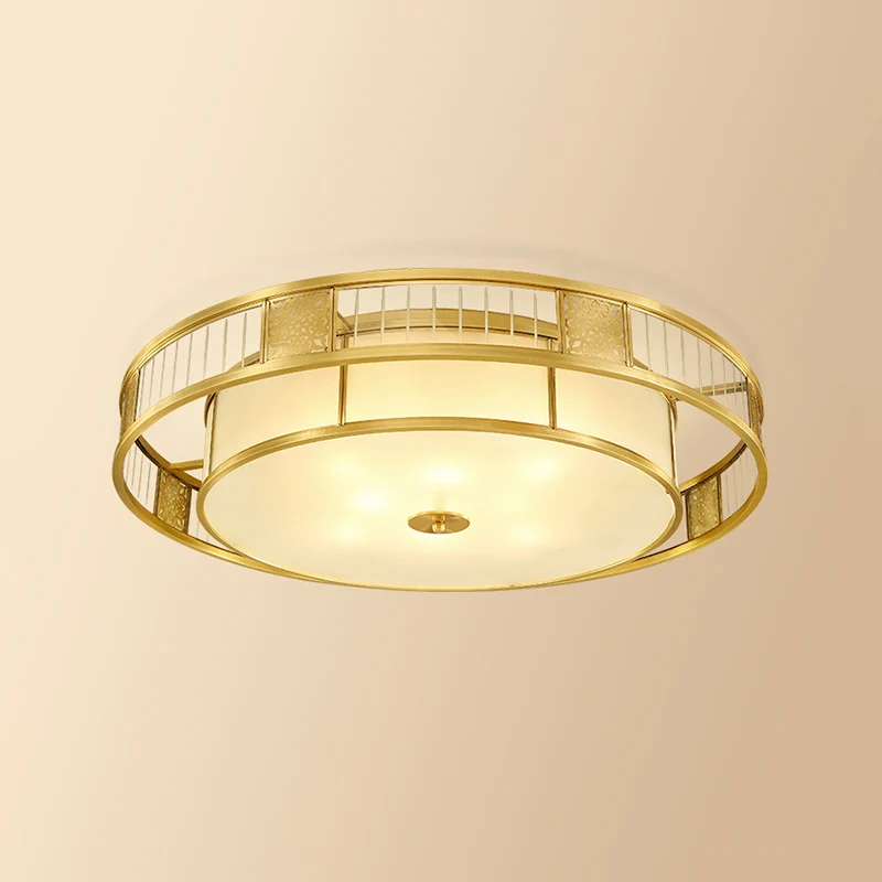 Luminaire encastré en forme de tambour pour salon, luminaire classique en verre crème doré avec décor en métal découpé Cle...