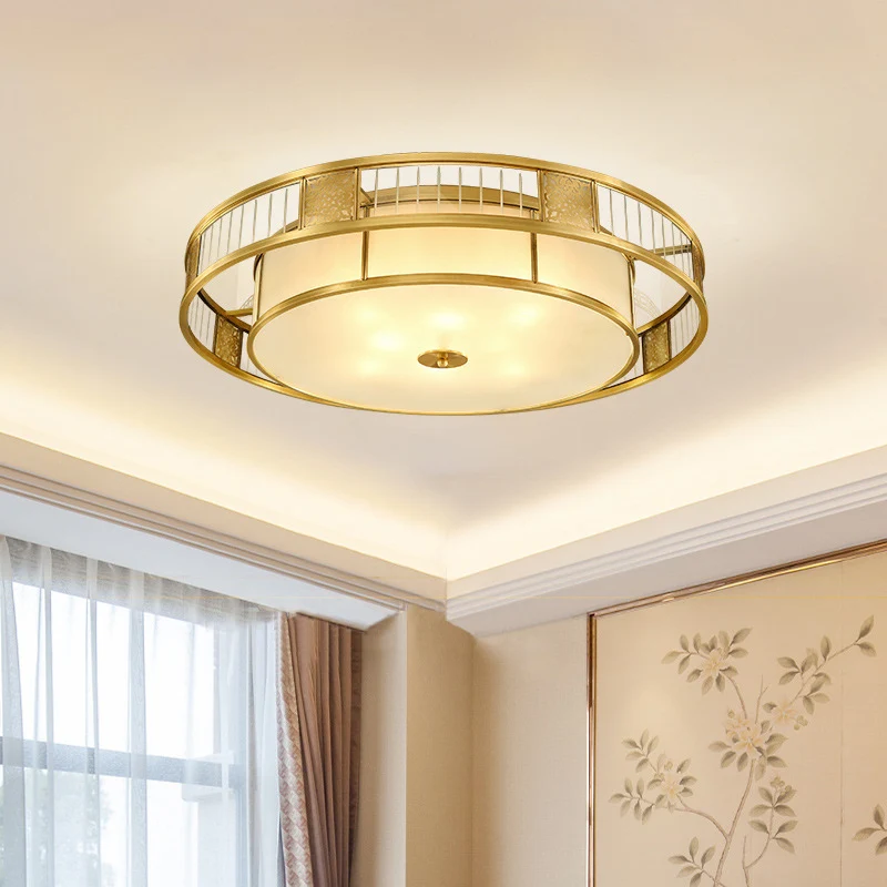 Luminaire encastré en forme de tambour pour salon, luminaire classique en verre crème doré avec décor en métal découpé Cle...