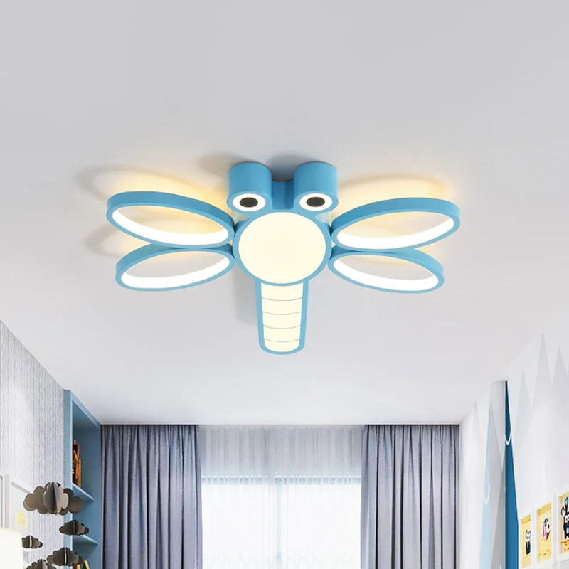 Luminaire encastré libellule en fer, éclairage de plafond LED rose/bleu de dessin animé en lumière chaude/blanche Clearhalo