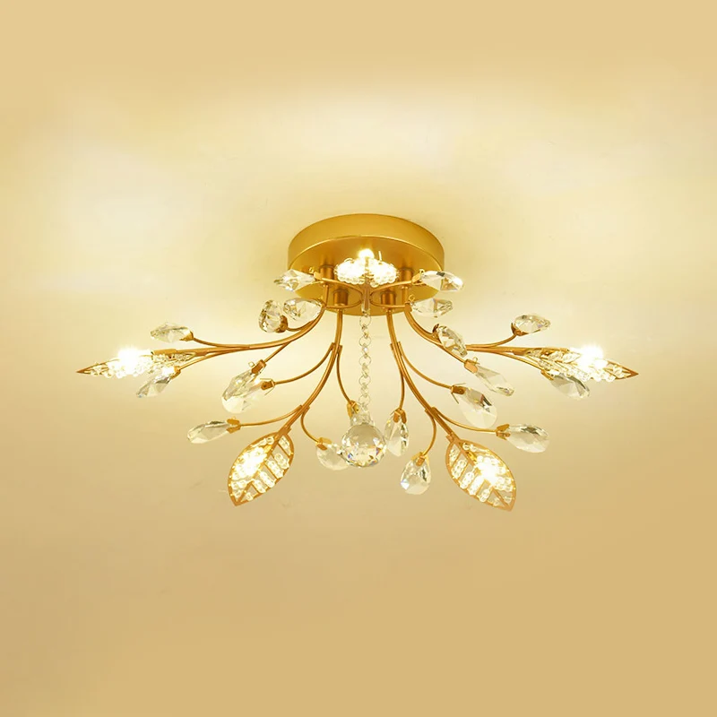 Luminaire de plafond à branches dorées, 5/8 ampoules modernistes, éclairage semi-encastré en cristal à facettes Clearhalo
