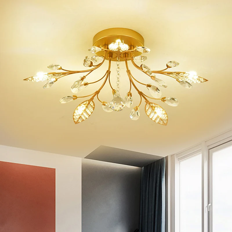 Luminaire de plafond à branches dorées, 5/8 ampoules modernistes, éclairage semi-encastré en cristal à facettes Clearhalo