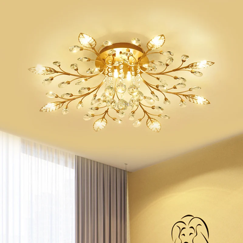 Luminaire de plafond à branches dorées, 5/8 ampoules modernistes, éclairage semi-encastré en cristal à facettes Clearhalo