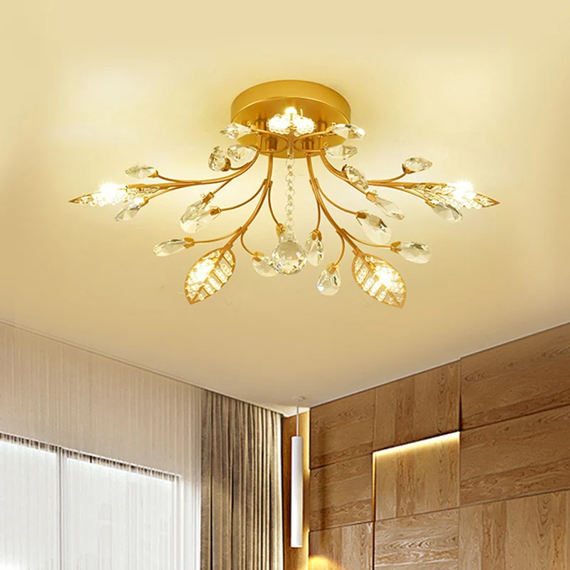 Luminaire de plafond à branches dorées, 5/8 ampoules modernistes, éclairage semi-encastré en cristal à facettes Clearhalo