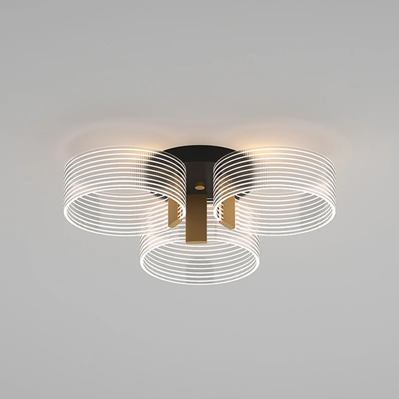 Luminaire rond semi-affleurant en acrylique, noir-or, simple, 2/3/5 lumières, montage au plafond, pour salon Clearhalo