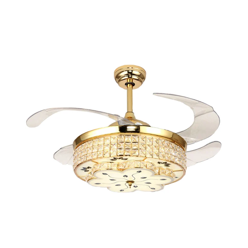 Luminaire semi-encastré moderne à tambour de 19 po de largeur, lampe de ventilateur de plafond en cristal à 4 pales en or...