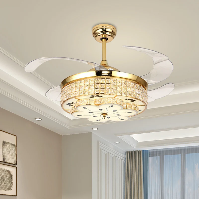 Luminaire semi-encastré moderne à tambour de 19 po de largeur, lampe de ventilateur de plafond en cristal à 4 pales en or...