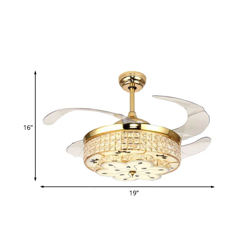 Luminaire semi-encastré moderne à tambour de 19 po de largeur, lampe de ventilateur de plafond en cristal à 4 pales en or...