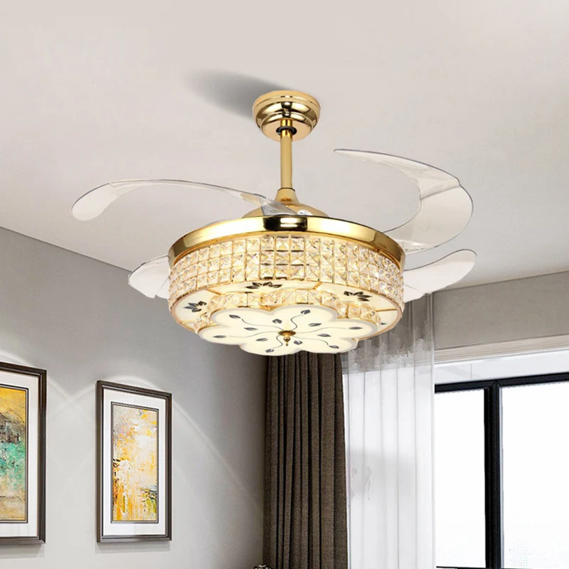 Luminaire semi-encastré moderne à tambour de 19 po de largeur, lampe de ventilateur de plafond en cristal à 4 pales en or...
