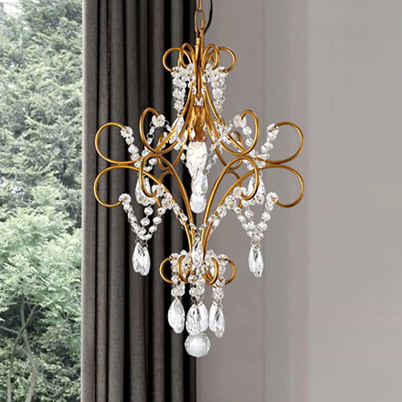 Luminaire suspendu à cadre à bras courbé en fer, luminaire suspendu moderne à 1 lumière dorée avec brin de verre Clearhalo