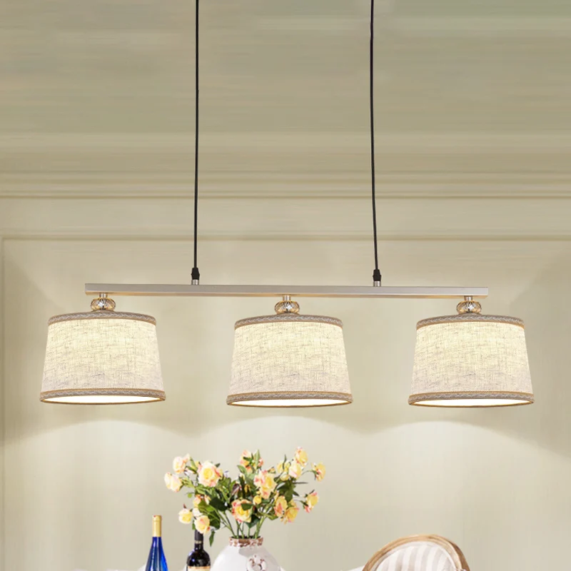 Luminaire suspendu circulaire contemporain en tissu, 3 ampoules, éclairage d'îlot de cuisine ouvert en lin avec bord tissé...