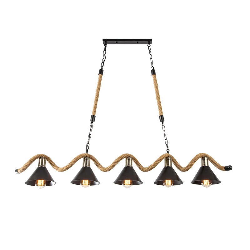Luminaire suspendu en corde de chanvre ondulé, luminaire de bar rustique avec abat-jour conique en métal noir Clearhalo