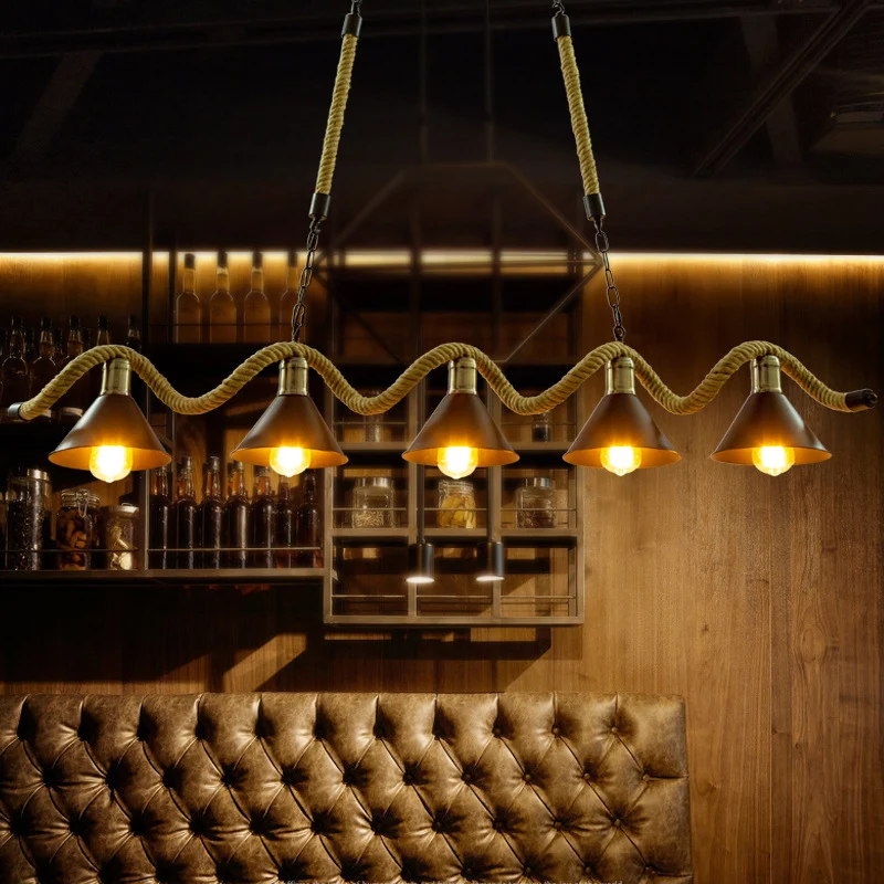 Luminaire suspendu en corde de chanvre ondulé, luminaire de bar rustique avec abat-jour conique en métal noir Clearhalo