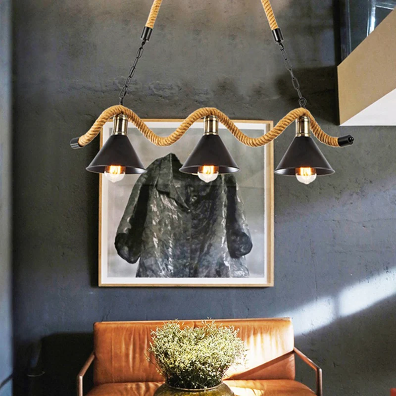 Luminaire suspendu en corde de chanvre ondulé, luminaire de bar rustique avec abat-jour conique en métal noir Clearhalo