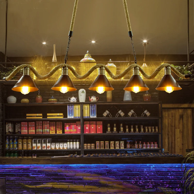Luminaire suspendu en corde de chanvre ondulé, luminaire de bar rustique avec abat-jour conique en métal noir Clearhalo