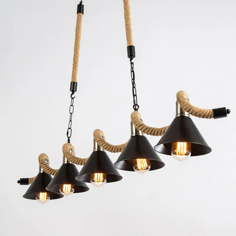 Luminaire suspendu en corde de chanvre ondulé, luminaire de bar rustique avec abat-jour conique en métal noir Clearhalo