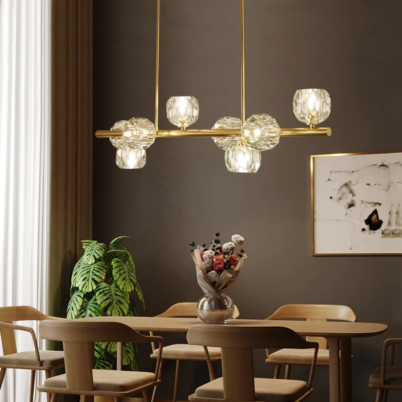 Luminaire suspendu doré à 8 ampoules pour restaurant sur île, éclairage simple avec abat-jour en cristal en forme de dôme...