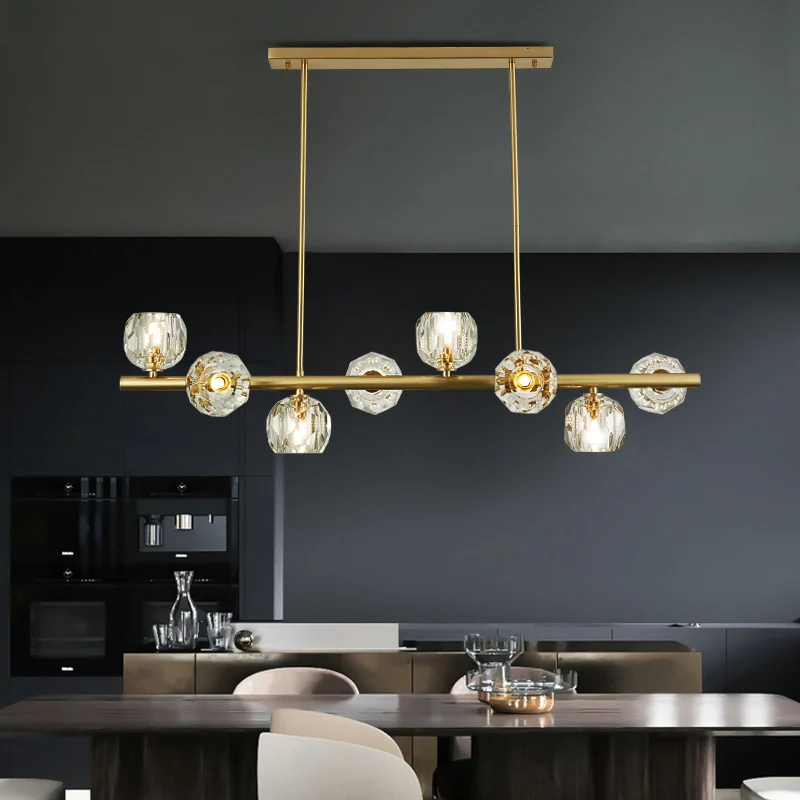 Luminaire suspendu doré à 8 ampoules pour restaurant sur île, éclairage simple avec abat-jour en cristal en forme de dôme...