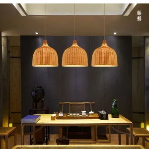 Luminaire suspendu en forme de dôme tissé à la main, plafonnier de table à manger en bambou chinois à ampoule unique en be...