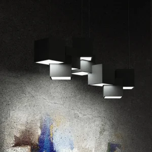 Luminaire suspendu géométrique moderne en forme d'île à LED cubique pour salon métallique Clearhalo