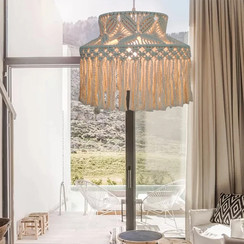 Luminaire suspendu de grange à 1 ampoule, luminaire traditionnel à Suspension en corde de chanvre Beige avec frange à pamp...