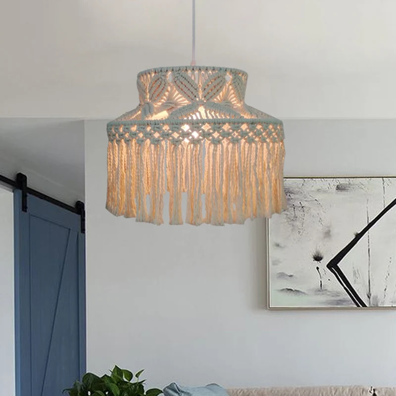 Luminaire suspendu de grange à 1 ampoule, luminaire traditionnel à Suspension en corde de chanvre Beige avec frange à pamp...