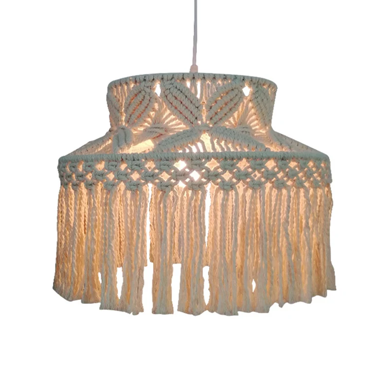 Luminaire suspendu de grange à 1 ampoule, luminaire traditionnel à Suspension en corde de chanvre Beige avec frange à pamp...