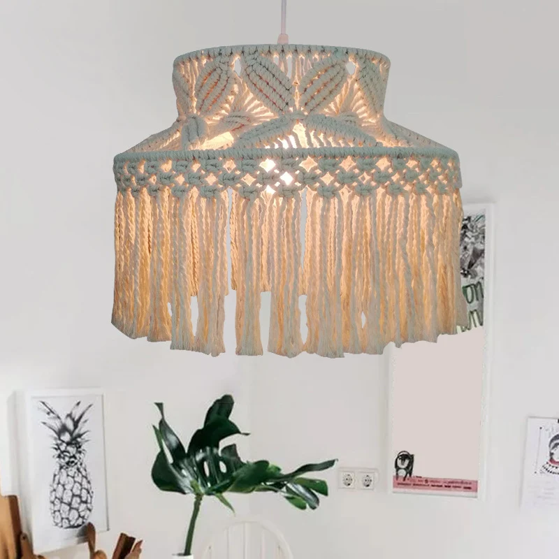 Luminaire suspendu de grange à 1 ampoule, luminaire traditionnel à Suspension en corde de chanvre Beige avec frange à pamp...