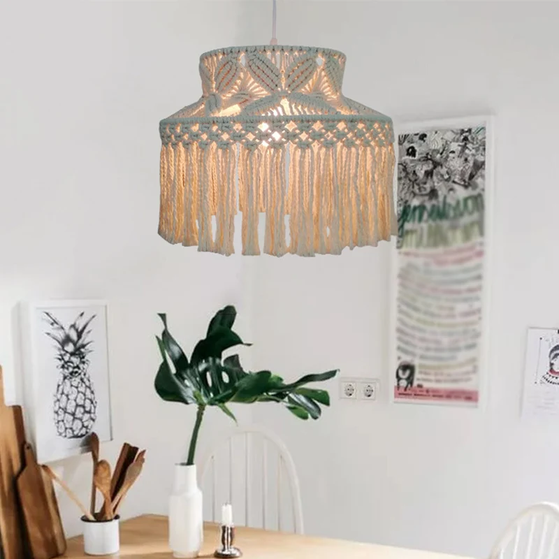 Luminaire suspendu de grange à 1 ampoule, luminaire traditionnel à Suspension en corde de chanvre Beige avec frange à pamp...