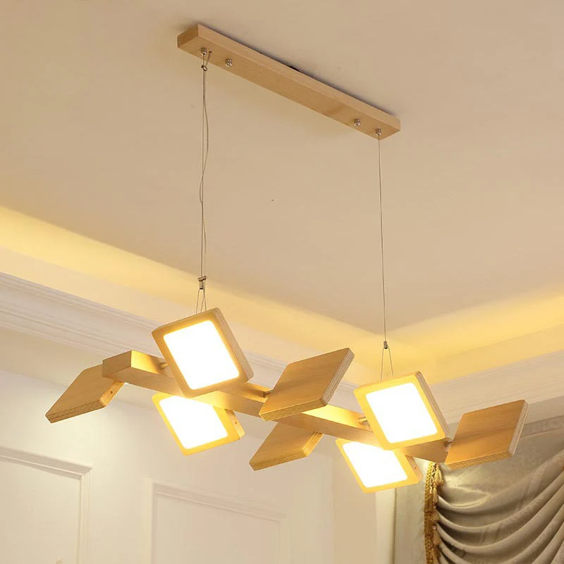 Luminaire suspendu LED carré de Style japonais, éclairage d'île suspendu en bois pour Restaurant avec abat-jour en acryliq...