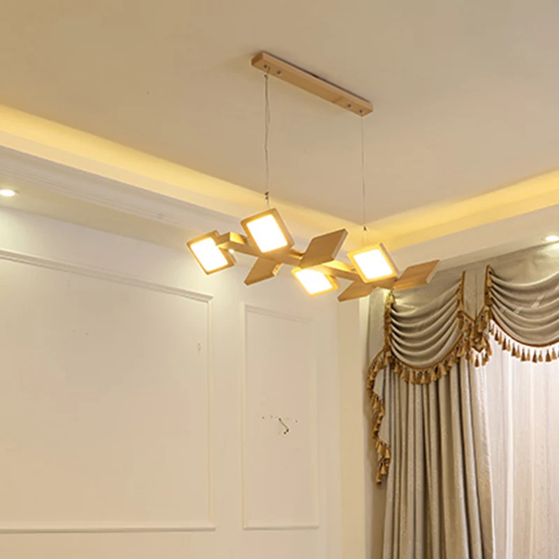 Luminaire suspendu LED carré de Style japonais, éclairage d'île suspendu en bois pour Restaurant avec abat-jour en acryliq...