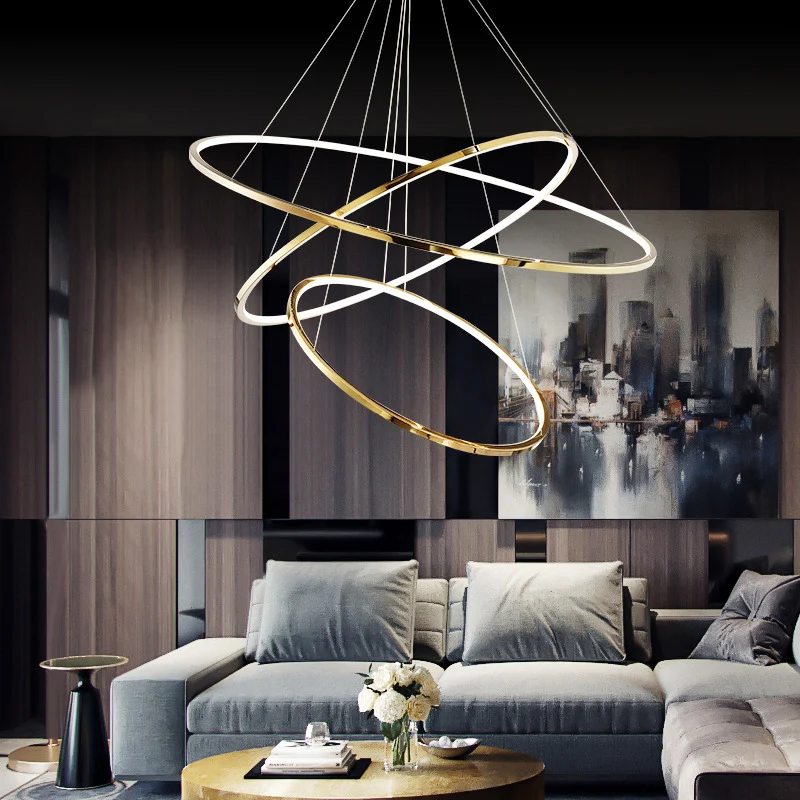 Luminaire suspendu LED minimaliste à 3/5 niveaux, lustre en cerceau Extra-mince en acier inoxydable pour salon, doré Clear...