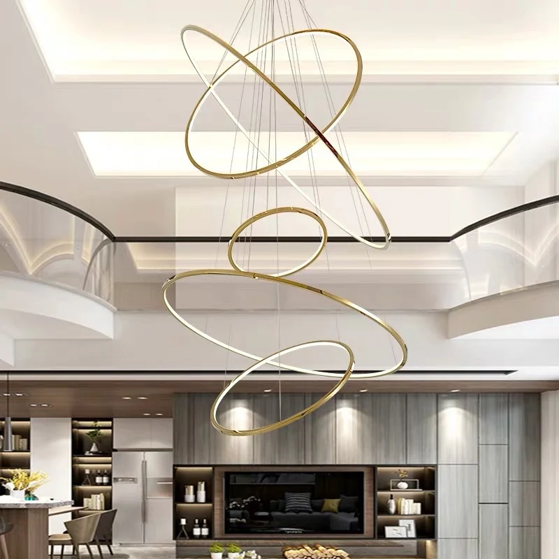Luminaire suspendu LED minimaliste à 3/5 niveaux, lustre en cerceau Extra-mince en acier inoxydable pour salon, doré Clear...