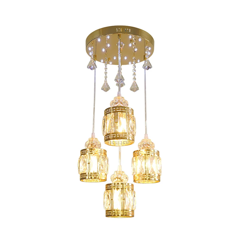 Luminaire suspendu minimaliste à 4 ampoules, cylindre doré, plafonnier multiple avec abat-jour en cristal Clearhalo