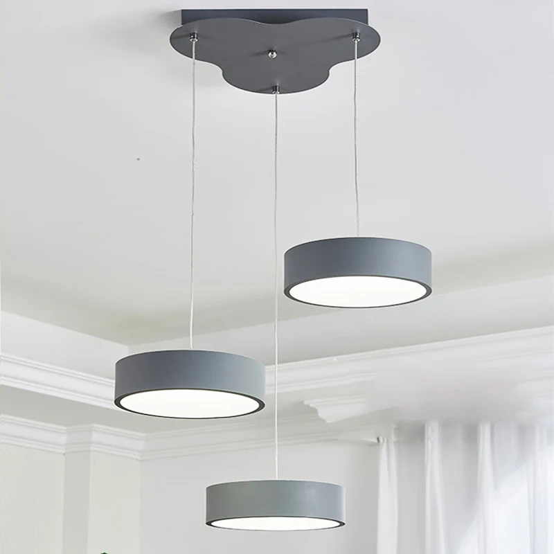 Luminaire suspendu multi-lumières gris Drum Simplicity Éclairage suspendu en métal à LED avec auvent rond/linéaire Clearhalo
