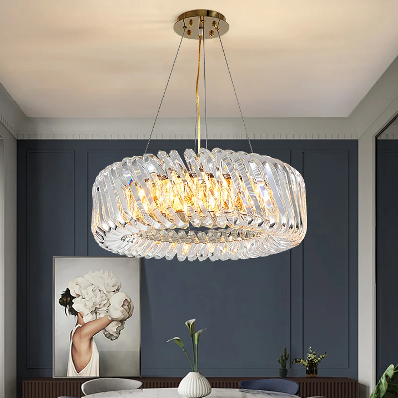 Luminaire suspendu tambour minimaliste à 4/8/12 lumières, lustre en cristal K9 transparent, doré Clearhalo
