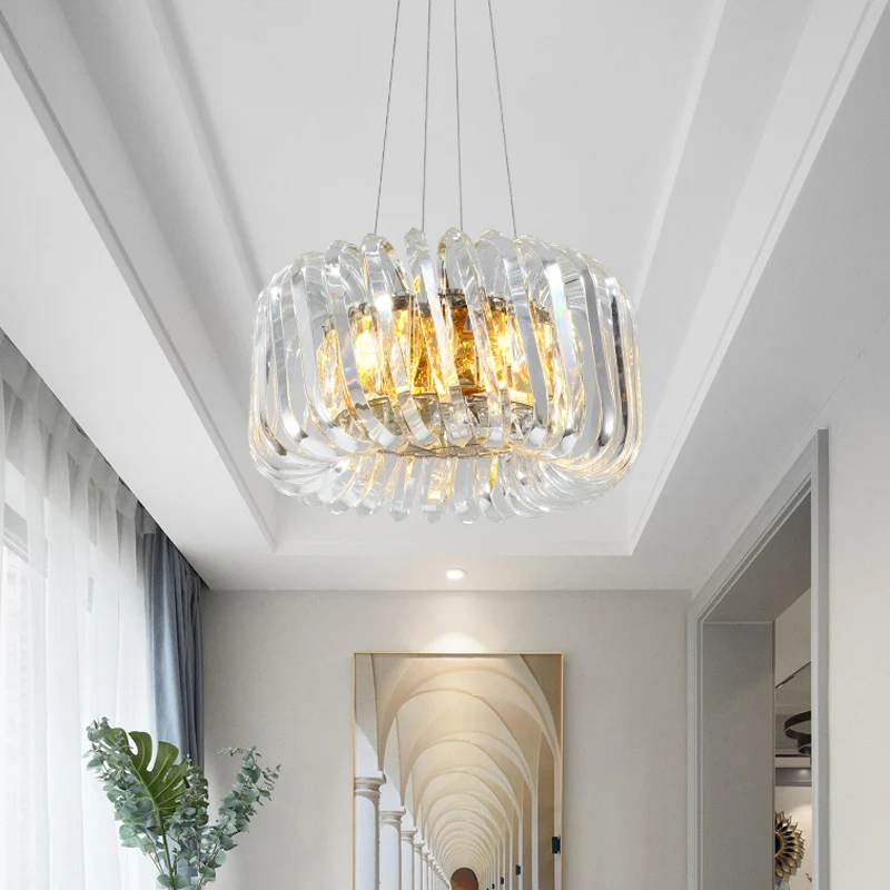 Luminaire suspendu tambour minimaliste à 4/8/12 lumières, lustre en cristal K9 transparent, doré Clearhalo
