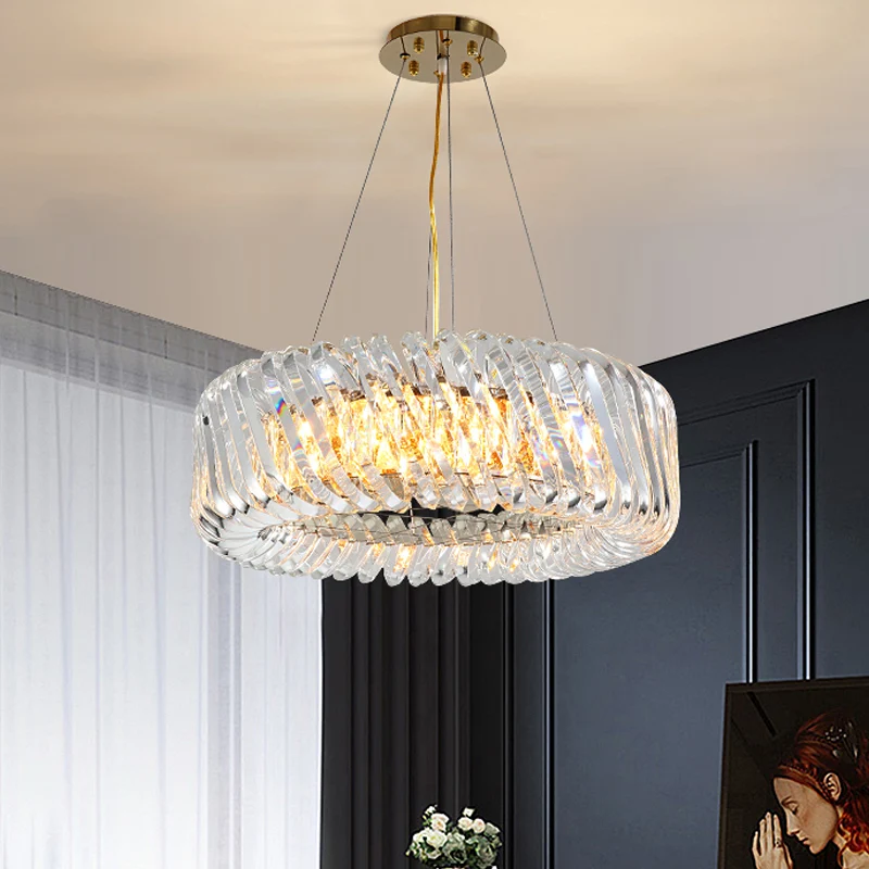 Luminaire suspendu tambour minimaliste à 4/8/12 lumières, lustre en cristal K9 transparent, doré Clearhalo