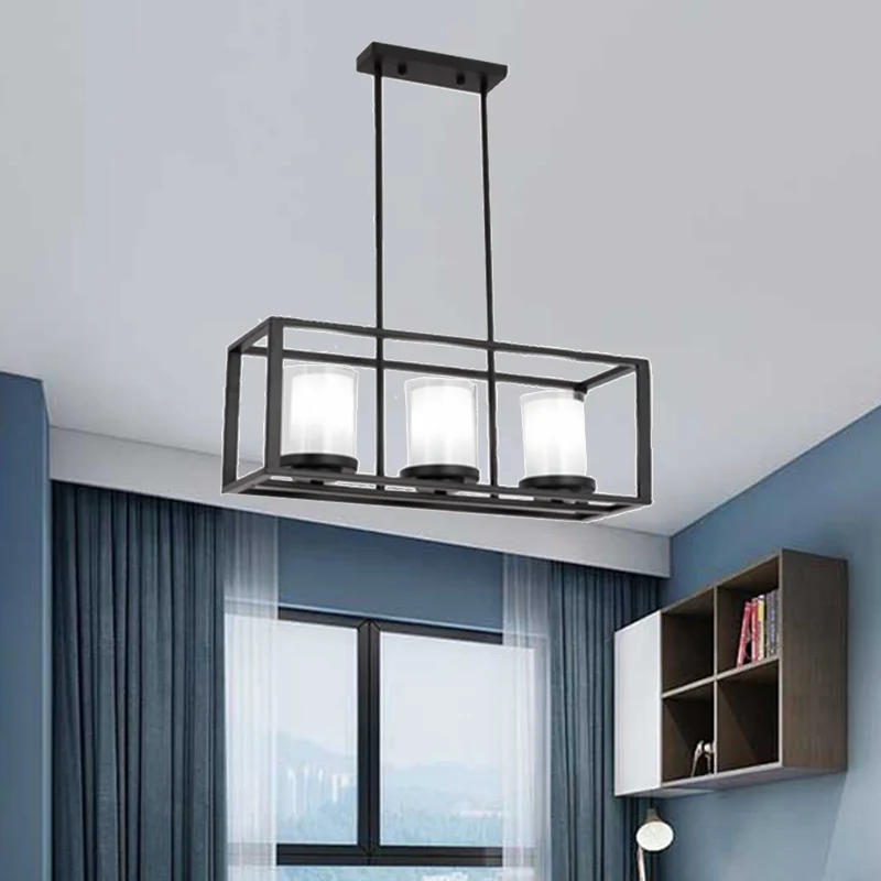 Luminaire suspendu traditionnel en verre cylindrique, 3/6 lumières, pour salle à manger, avec cadre rectangulaire noir Cle...