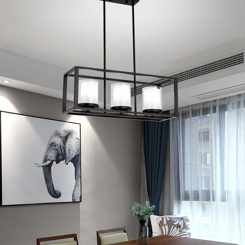 Luminaire suspendu traditionnel en verre cylindrique, 3/6 lumières, pour salle à manger, avec cadre rectangulaire noir Cle...